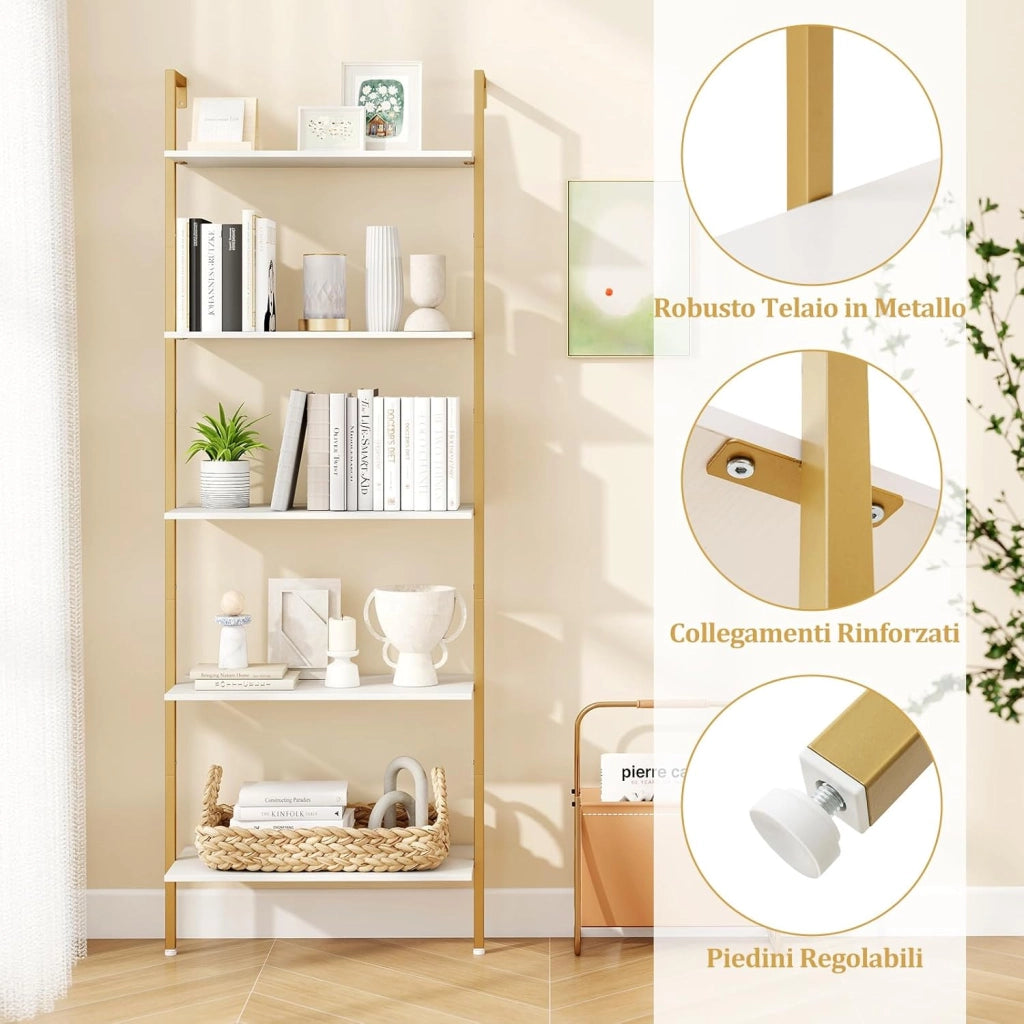 Scaffale a Scala a 5 Ripiani, Libreria da Parete Salvaspazio in Legno Moderno, Scaffale Portaoggetti per Soggiorno, Studio e Camera da Letto, 64 × 30 × 178 cm, Bianco