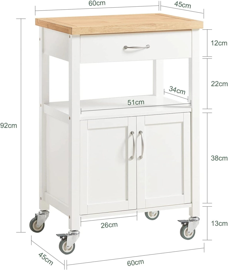 Carrello cucina salvaspazio con piano di lavoro – Mobile cucina con ruote, ideale come mobiletto cucina, credenza compatta o mobile microonde – Disponibile in Bianco 60x92x45cm FKW22-WN