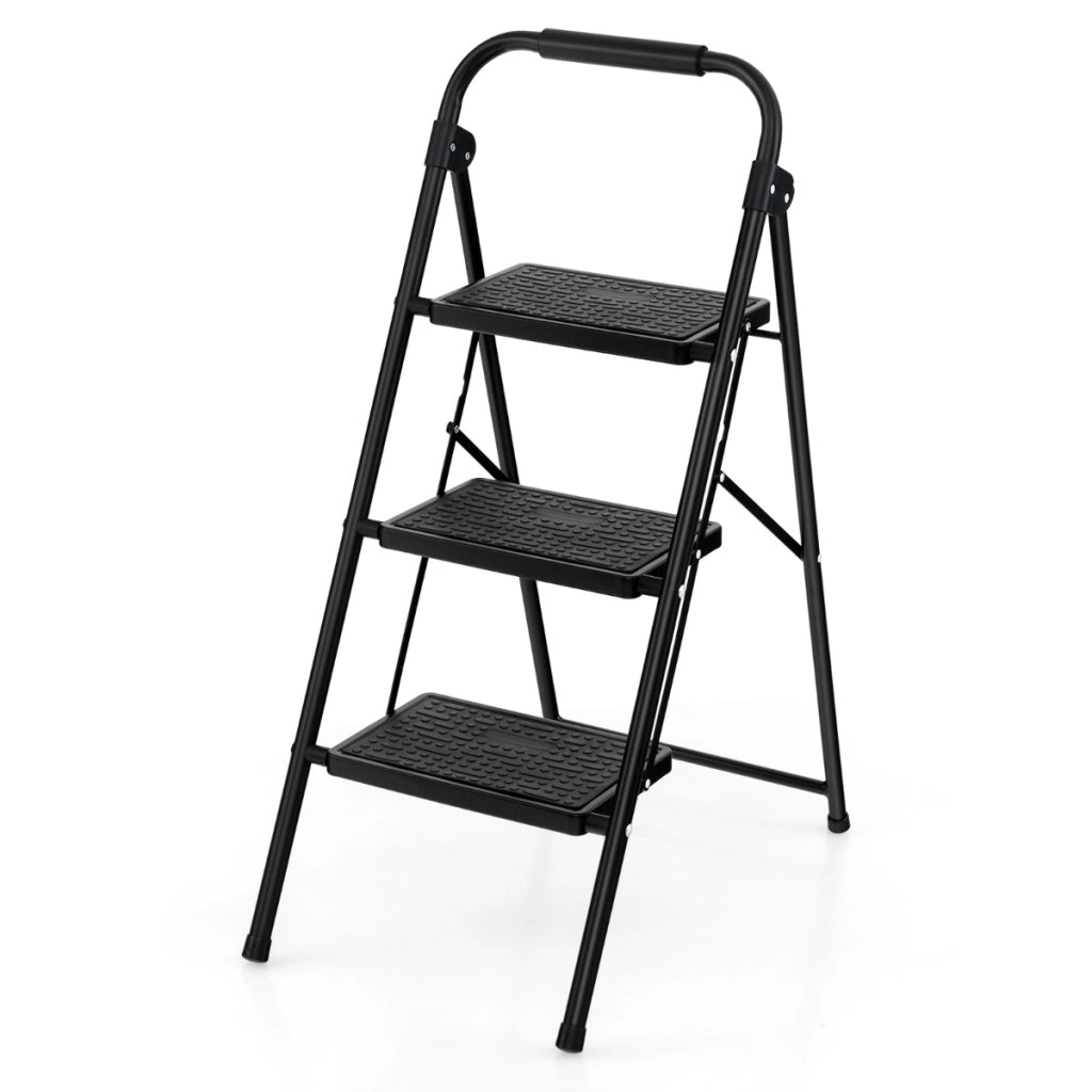 Scala a 3 gradini pieghevole con ampio pedale maniglia antiscivolo, Scala portatile in metallo carico 150kg Nera-Scale e ponteggi
