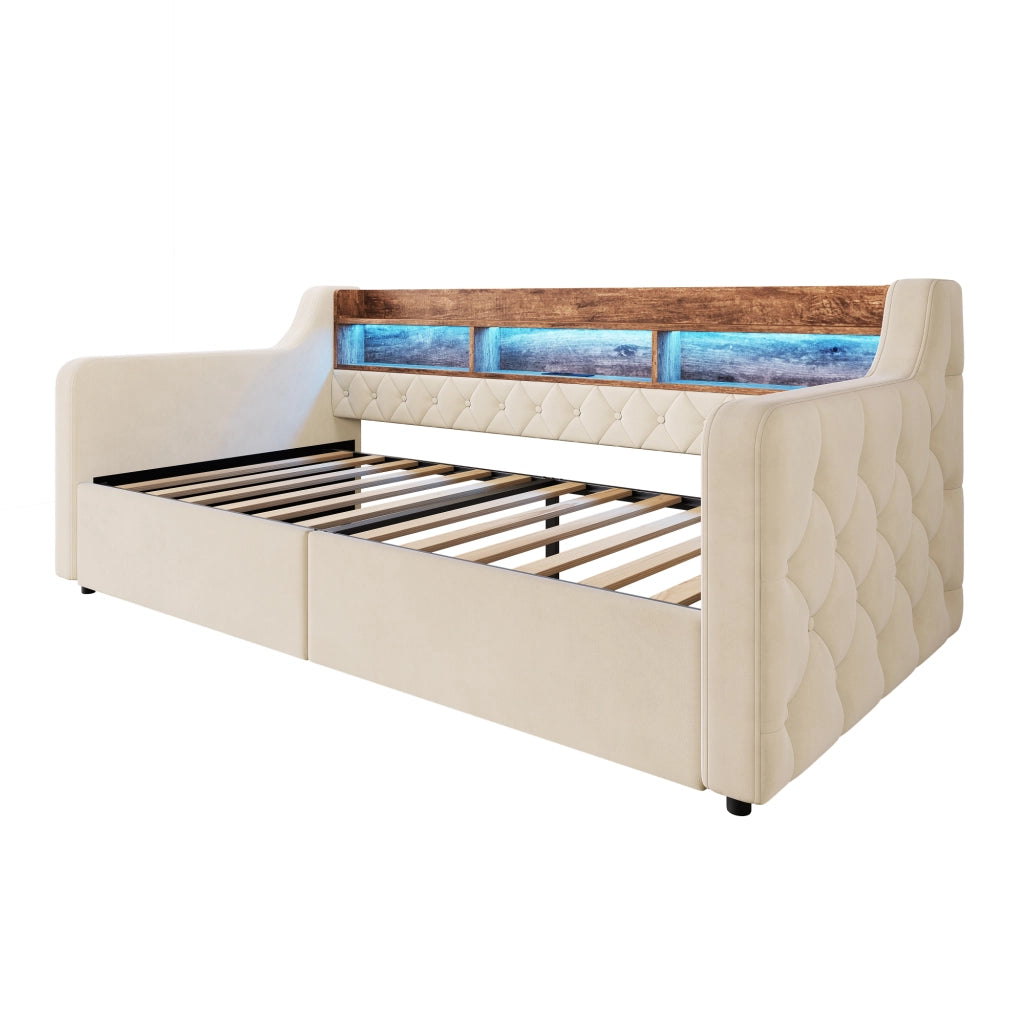 Letto imbottito 90x190 cm con LED; ricarica e 2 cassetti in velluto beige