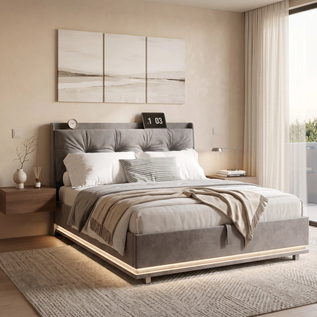 Letto matrimoniale 160x200 cm con contenitore;struttura letto con testiera imbottita e rete a doghe  LED e USB  rivestimento in velluto -beige