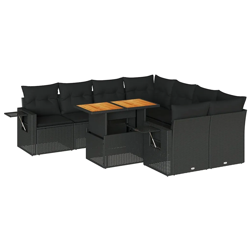 Set Divani da Giardino 9 pz con Cuscini Nero in Polyrattan