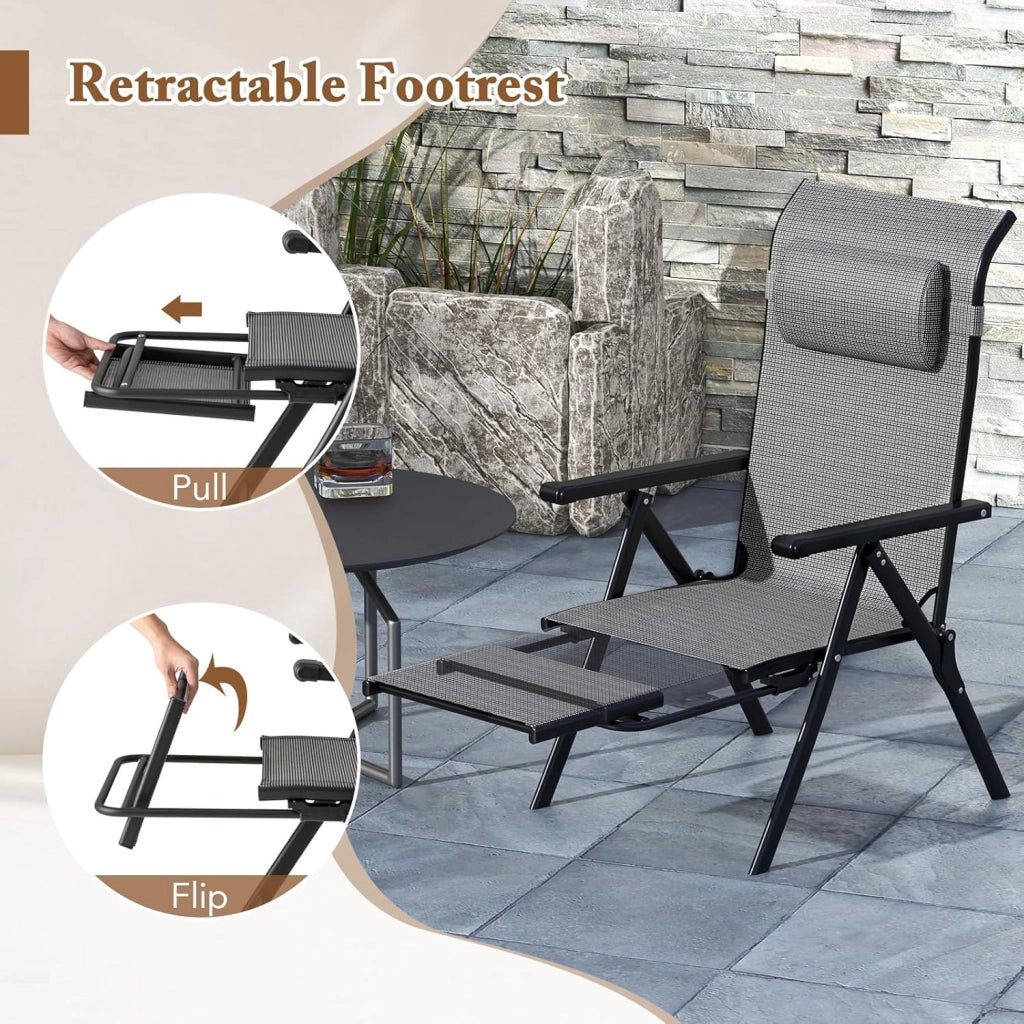 Set di 2 Sedie Pieghevoli da Patio, con Schienale Regolabile a 10 Posizioni e Braccioli, Poggiapiedi Retrattile, Cuscino per Testa, Sedie Reclinabili per Giardino, Piscina, Spiaggia