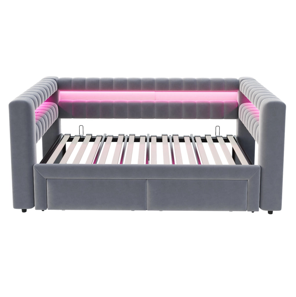 Divano letto ULEVR 90x190 cm estraibile in 180x190 cm con 2 cassetti, LED, USB e Type-C, velluto grigio