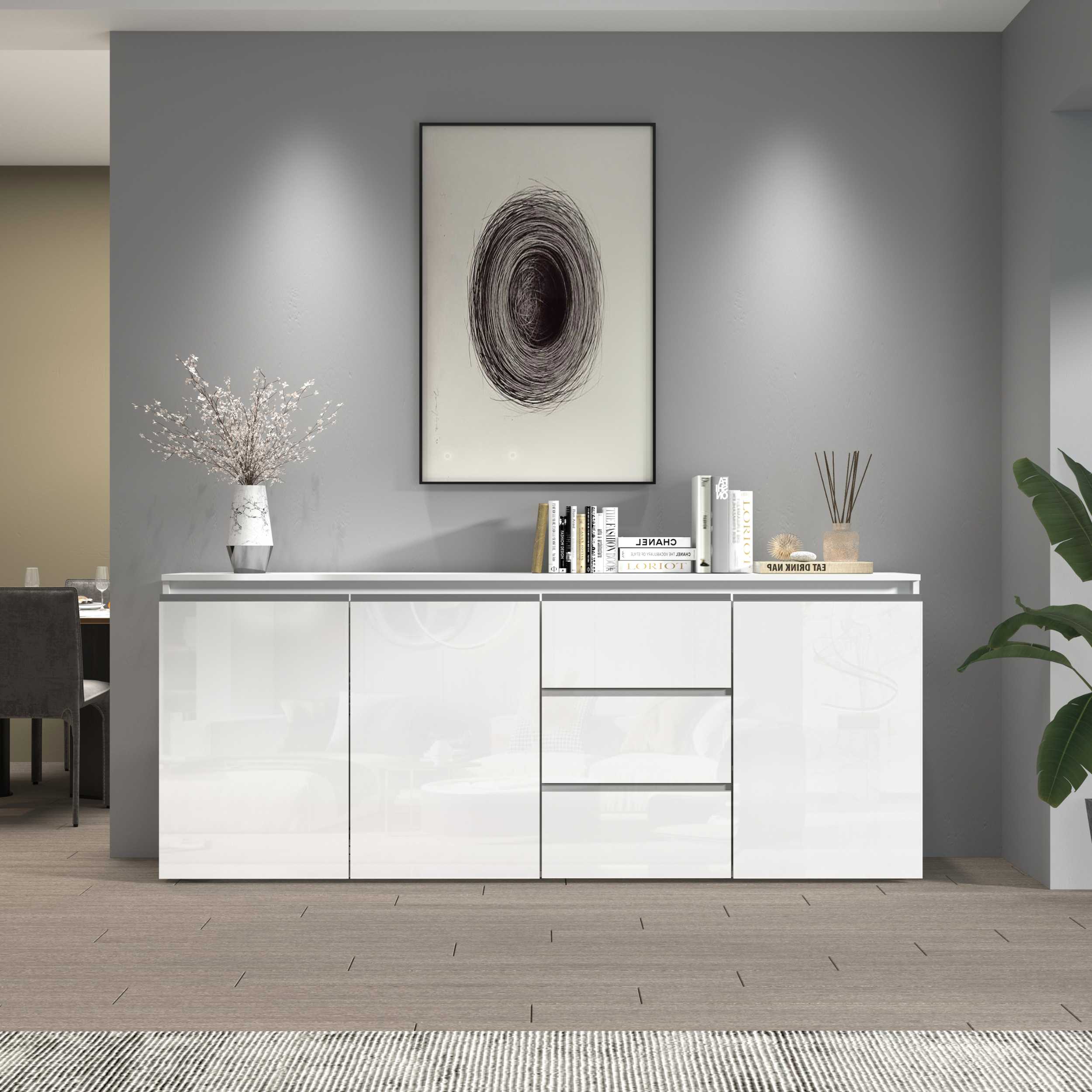 Credenza a cassettiera Magic 3 ante e 3 cassetti bianco lucido 200x40x85 cm
