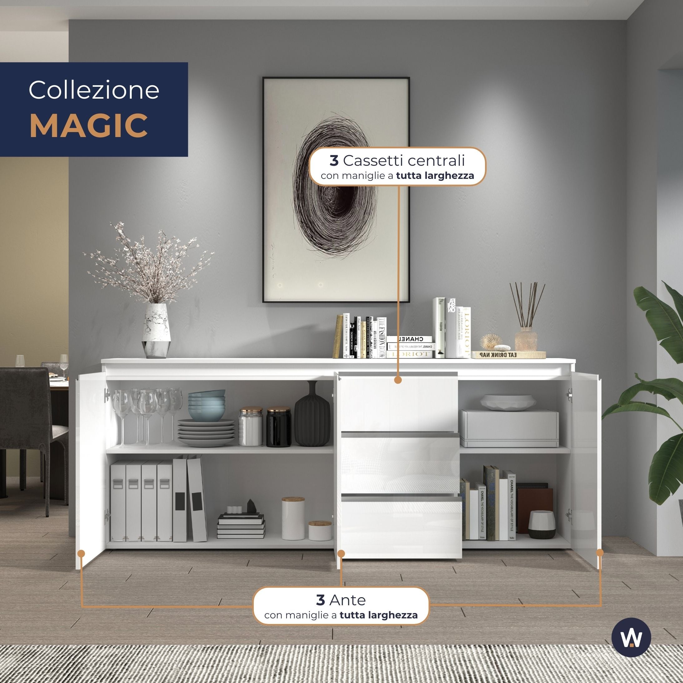 Credenza a cassettiera Magic 3 ante e 3 cassetti bianco lucido 200x40x85 cm
