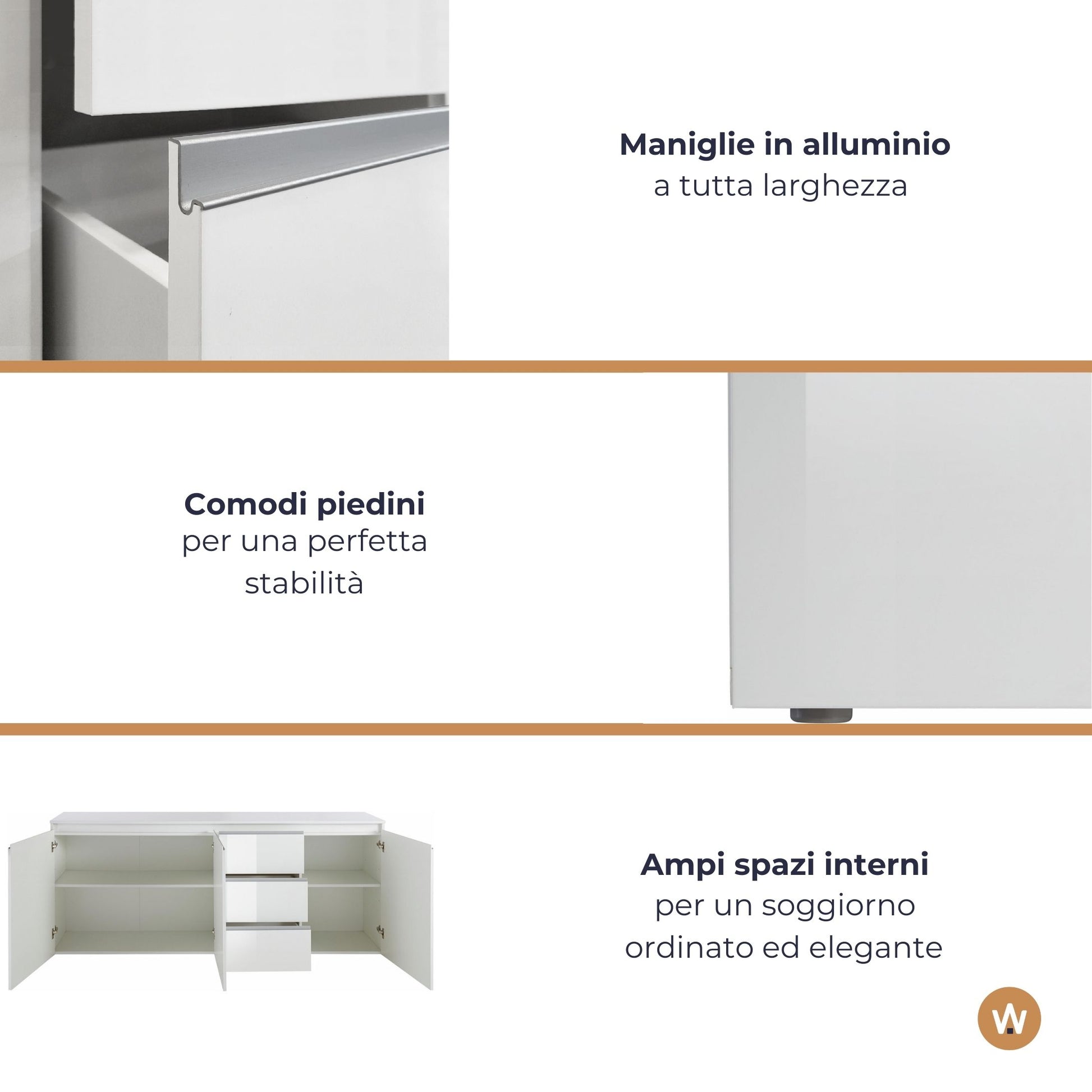 Credenza a cassettiera Magic 3 ante e 3 cassetti bianco lucido 200x40x85 cm