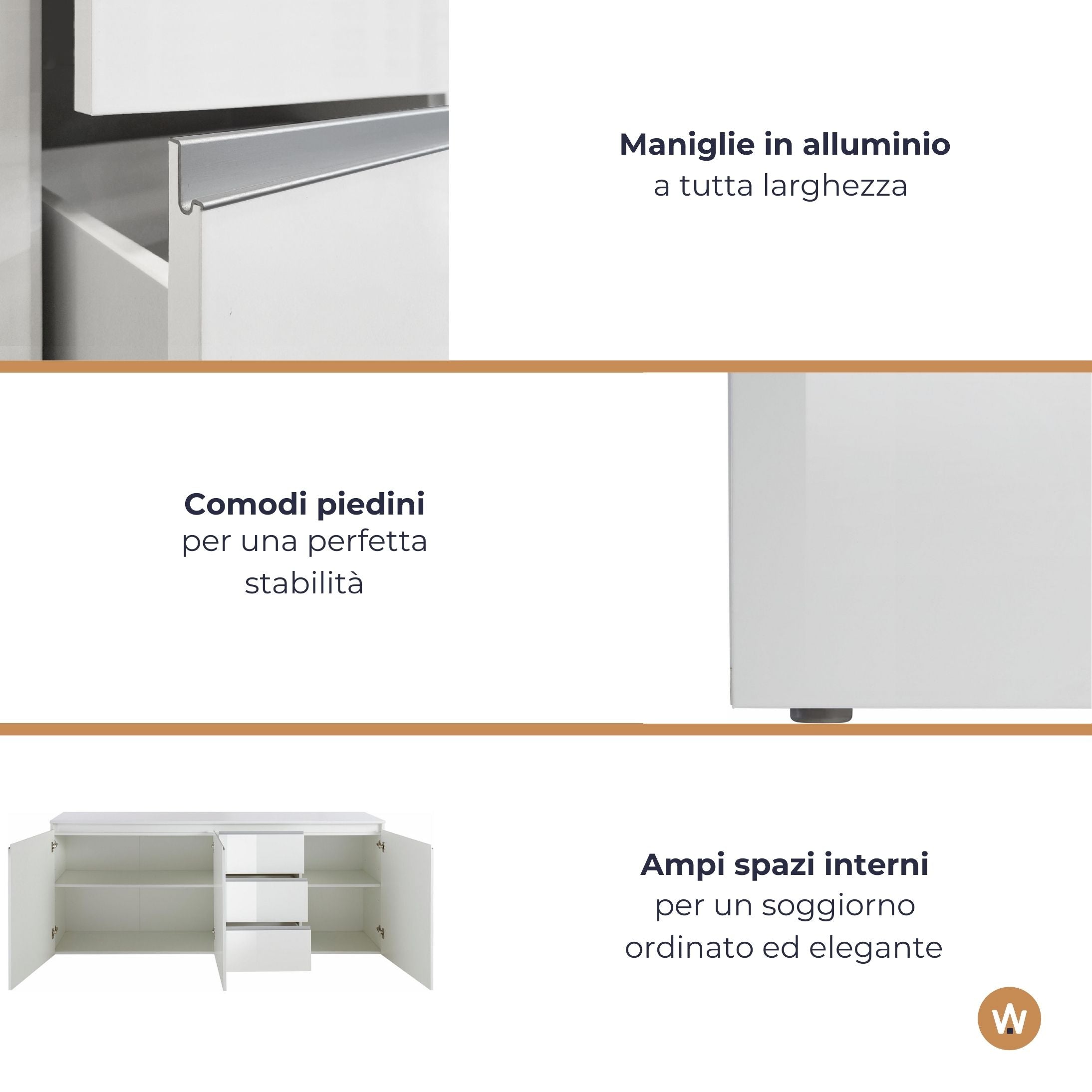 Credenza a cassettiera Magic 3 ante e 3 cassetti bianco lucido 200x40x85 cm