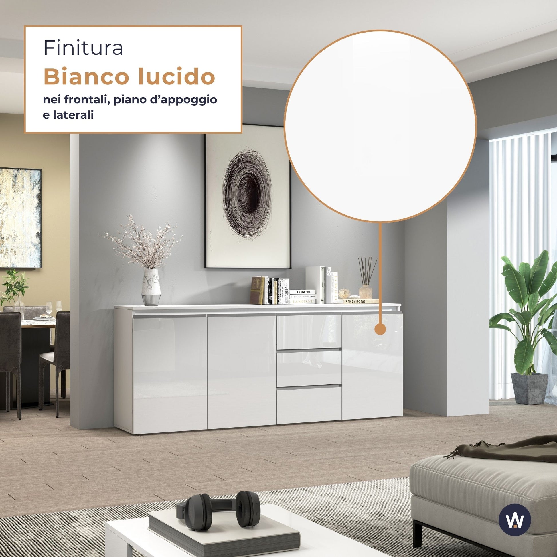 Credenza a cassettiera Magic 3 ante e 3 cassetti bianco lucido 200x40x85 cm