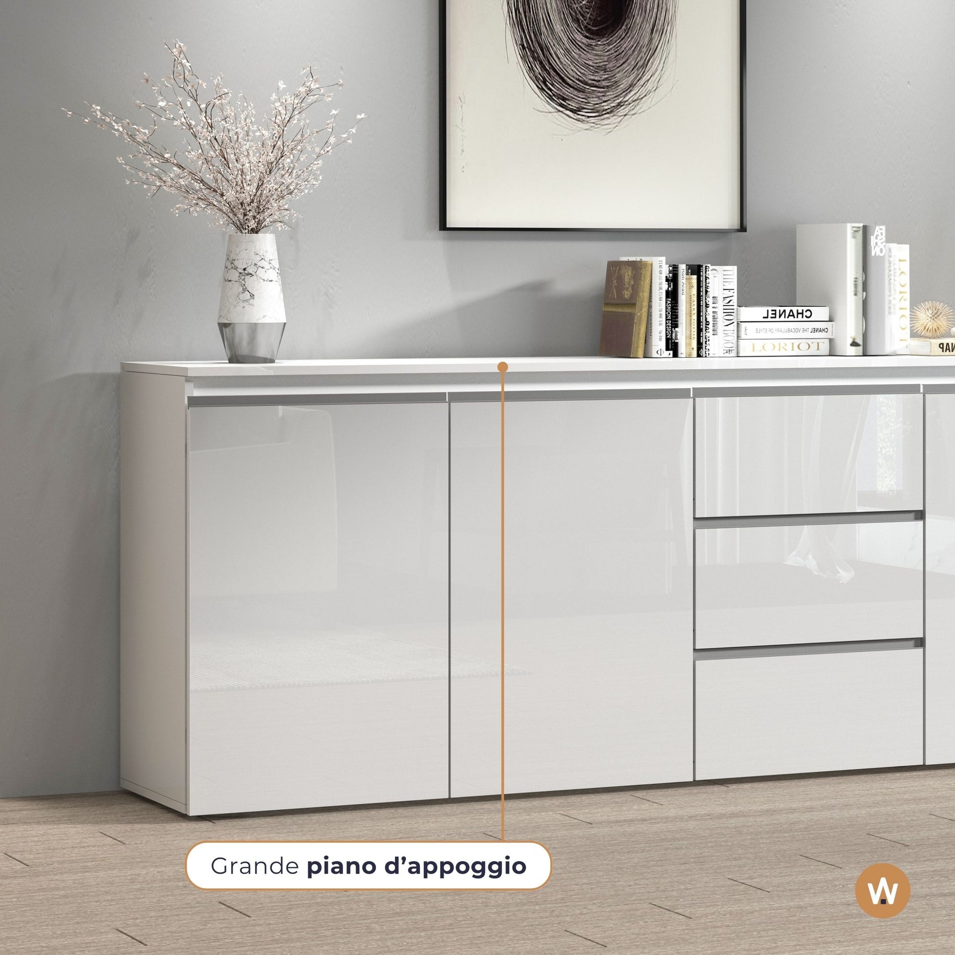 Credenza a cassettiera Magic 3 ante e 3 cassetti bianco lucido 200x40x85 cm
