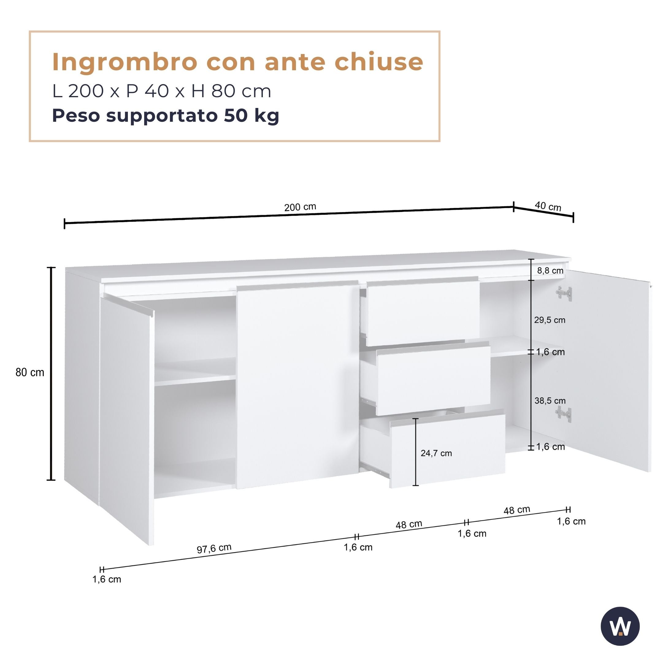 Credenza a cassettiera Magic 3 ante e 3 cassetti bianco lucido 200x40x85 cm