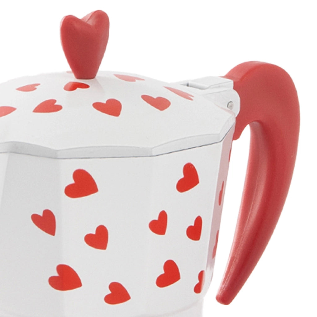 Caffettiera Moka Caffè 3 Tazze in Alluminio Bianca e Rossa con Cuori, Manico Ergonomico