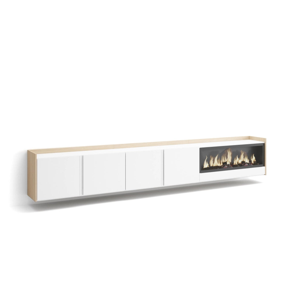 Mobile TV Soggiorno, 315x50x35 cm, Per TV fino a 80", Camino elettrico XXL, Sospeso, da appendere, Bianco e Rovere soft