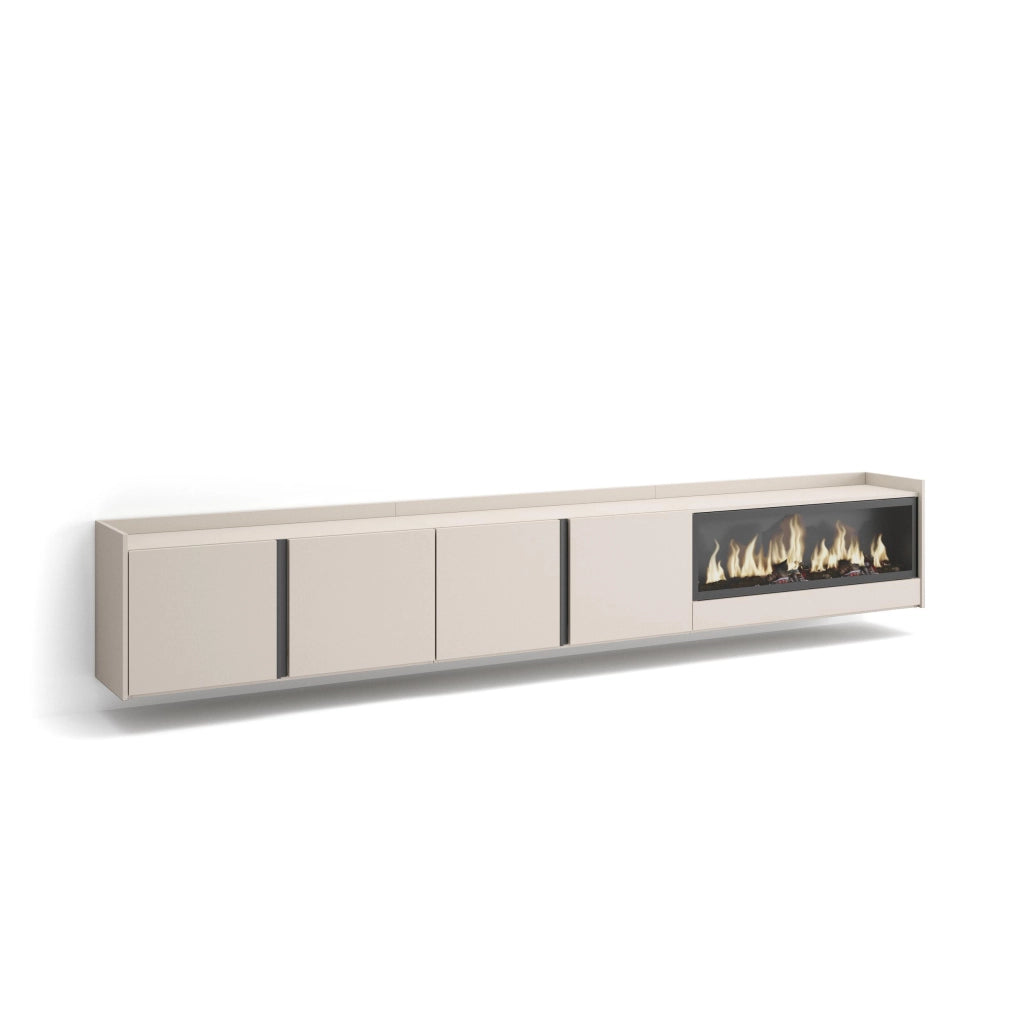 Mobile TV Soggiorno, 315x50x35 cm, Per TV fino a 80", Camino elettrico XXL, Sospeso, da appendere, Beige