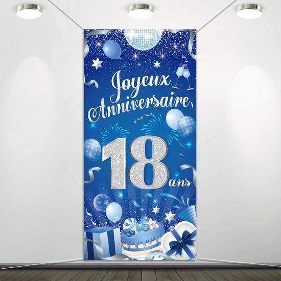 Decorazione per la Festa dell'8° Compleanno - 185 x 90 cm - Argento Blu - Bambino - Tela di Poliestere