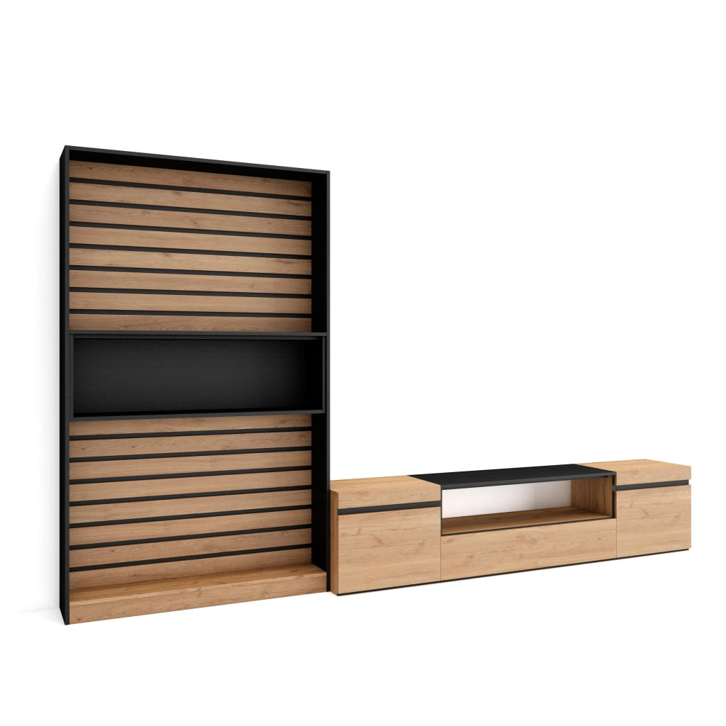 Mobile TV, Soggiorno, 310x35x186cm, Per TV fino a 80", Set di mobili, colore Rovere e nero RF2854