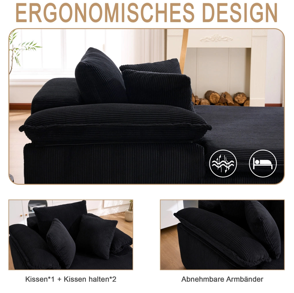 Divano lounge senza telaio in velluto a coste nero 177 cm