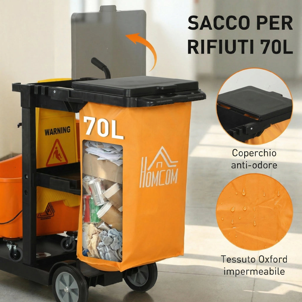 Carrello Pulizie: Ruote. 3 Ripiani. Sacco 70L. Secchio con Strizzatore.