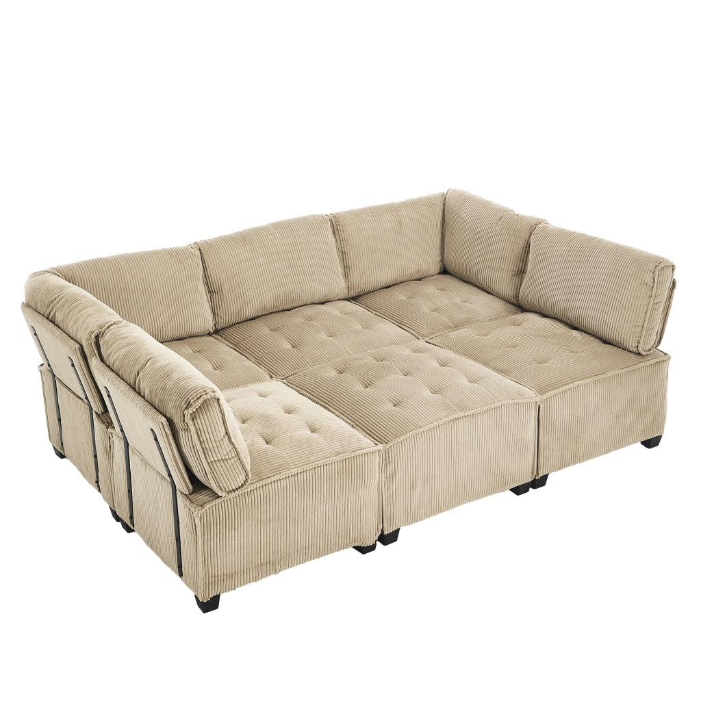 Divano Modulare 6 Posti con Tasche Portaoggetti; Convertibile a U o L o Letto; Comfort Ergonomico; Struttura Legno Metallo in Velluto a Coste Cachi