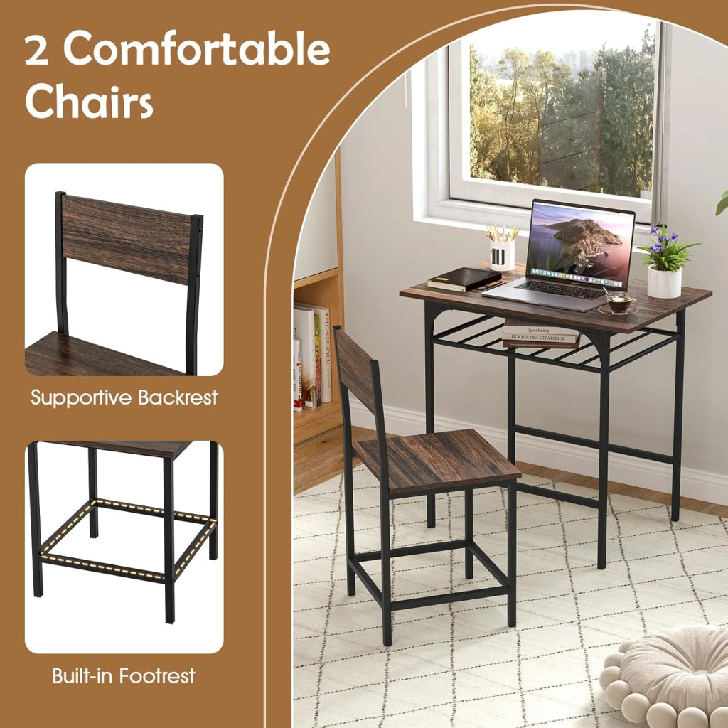 Set da pranzo 3 pezzi, tavolo da pranzo con ripiano per bottiglie e 2 sedie con schienale, design compatto, stile industriale, tavolo da colazione per 2 persone (marrone)
