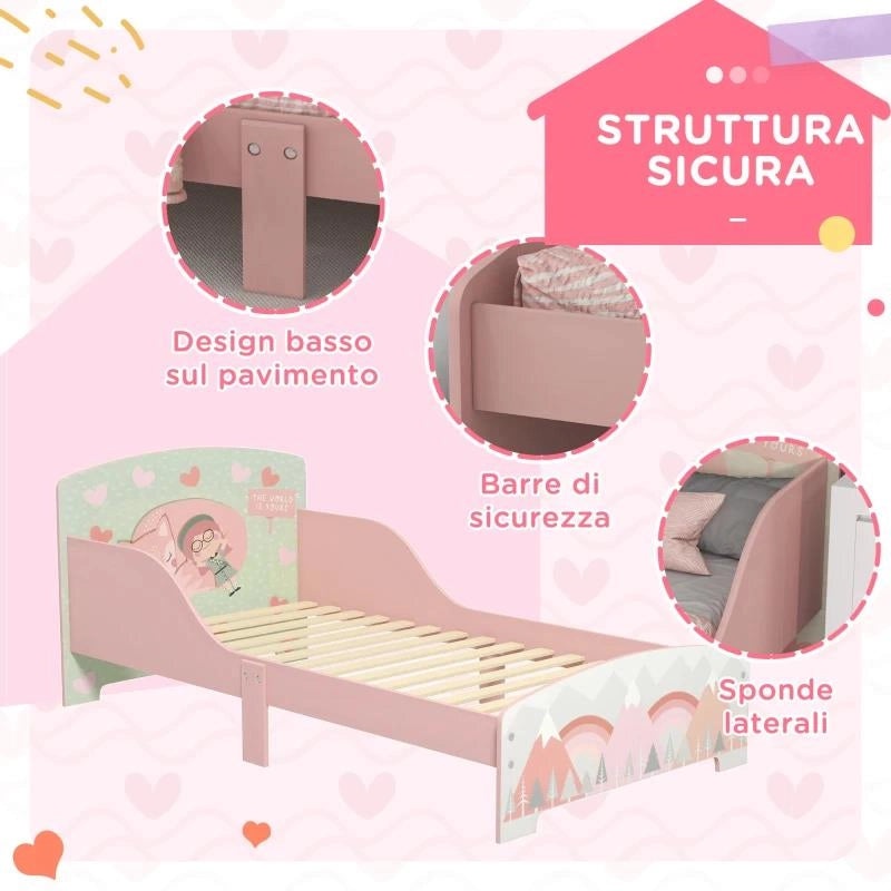 LETTO PER BAMBINI 3-6 ANNI CON BORDI RIALZATI, DOGHE E FANTASIA CON ANIMALI, 77 X 143 X 60 CM, ROSA