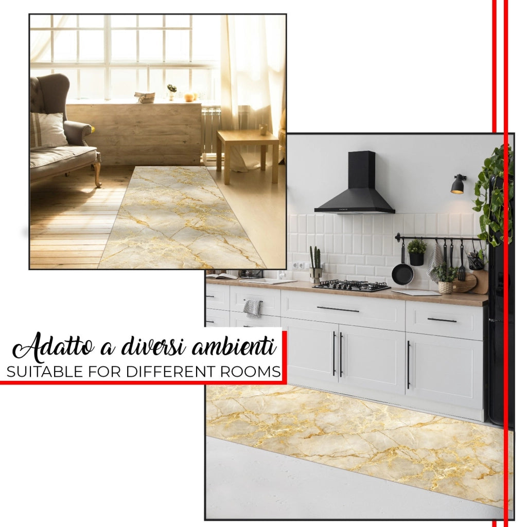 Tappeto Cucina Antimacchia 51x100 cm Stampa HD Alta Definizione Passatoia Gomma Moderna Marmo Oro