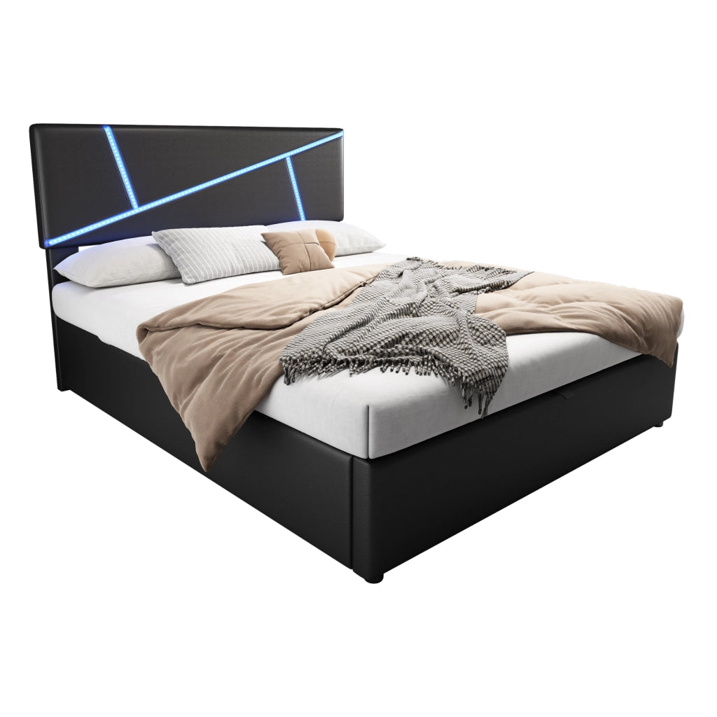 OKWISH Letto Contenitore 90×200 cm, Letto Singolo con LED Regolabile, Contenitore Idraulico e Testiera, senza Materasso, in PU, Nero