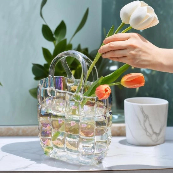 Vaso da Cucina in Vetro Transparante a Tavolo con Disegno Tulipano, Prodotto Artigianale, Decorazione Moderna