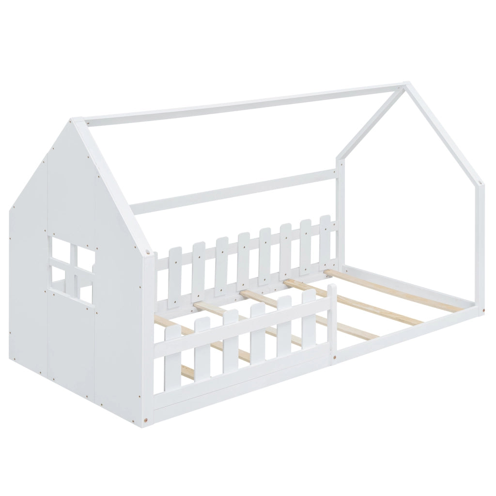 Letto per bambini 90x200 cm a forma di casetta; in pino e MDF; bianco