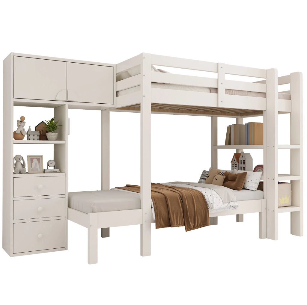 Letto a castello sfalsato 90x200 cm con luce LED notturna; armadio; ripiani e cassetti; bianco