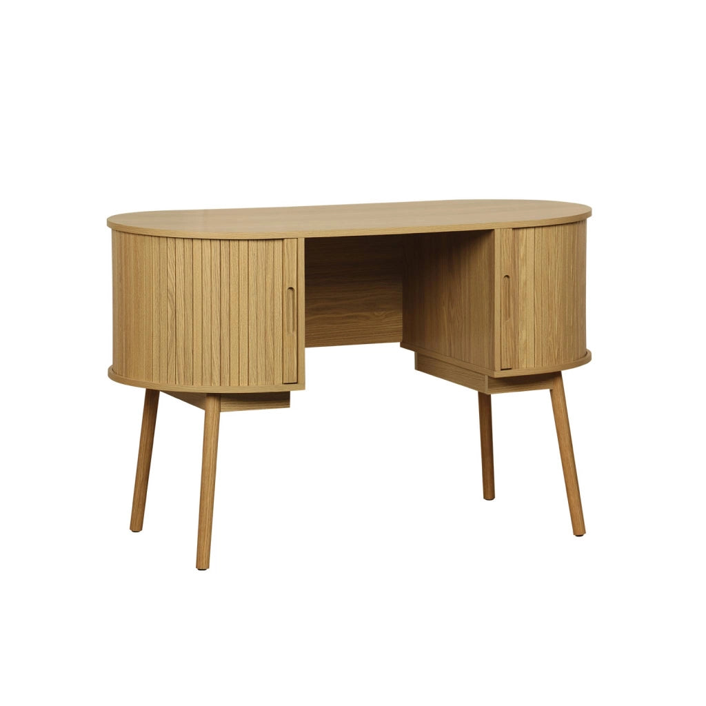 Scrivania ovale con effetto legno scanalato e due vani portaoggetti,