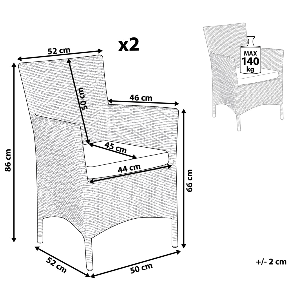 Set di 2 sedie da pranzo da giardino cuscini bianchi in finto rattan marrone