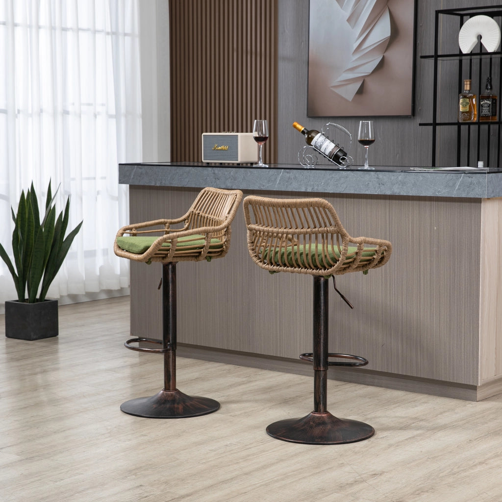 Sgabello da Bar Set da 2 Girevole a 360° Altezza Regolabile con Braccioli e Poggiapiedi in Lino Verde