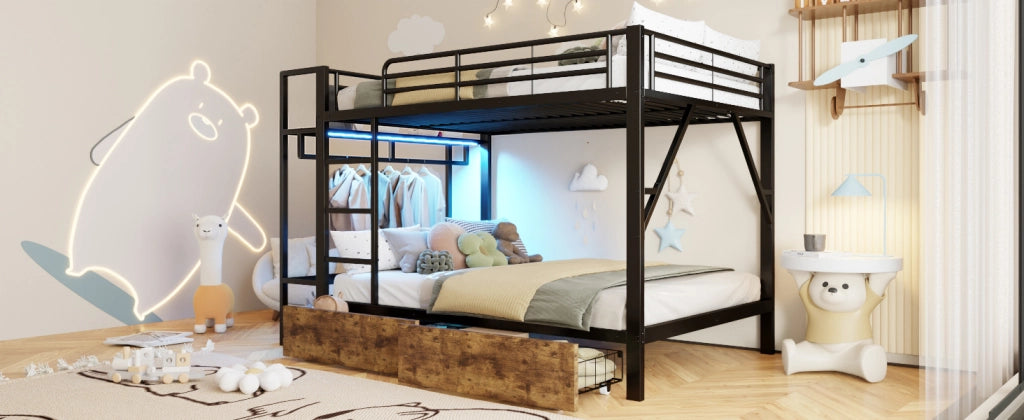 DESMIU Letto soppalco 2 posti con 2 cassetti, mensole, barra appendiabiti e LED, 140 × 200 cm, senza materasso