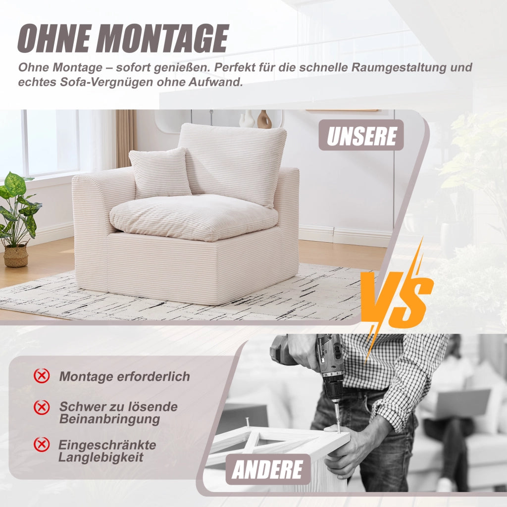 OKWISH Poltrona in Velluto a Coste, Seduta in Schiuma con Molle e Cuscino Incluso, Design Minimalista, Beige 101 × 102.5 × 84 cm