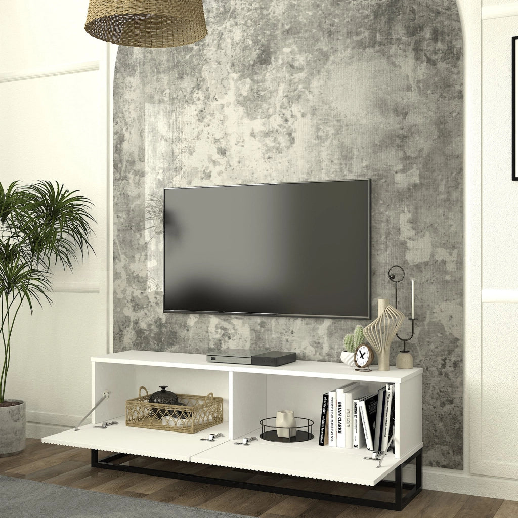 Mobile Porta TV Verpsboga a 2 Ante Decorative e Telaio Lungo in Metallo 135x32x47 cm - Bianco [en.casa]