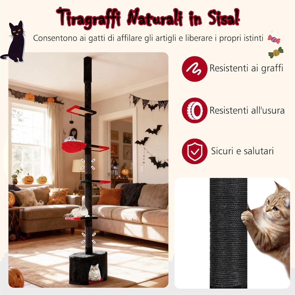 Albero per Gatti in Stile Gotico, Tiragraffi per Gatti da Pavimento a Soffitto Regolabile 245-300 cm con Condo, Amaca, Tiragraffi in Sisal e Pallina Pendenti, Mobile da Interno per Gattini