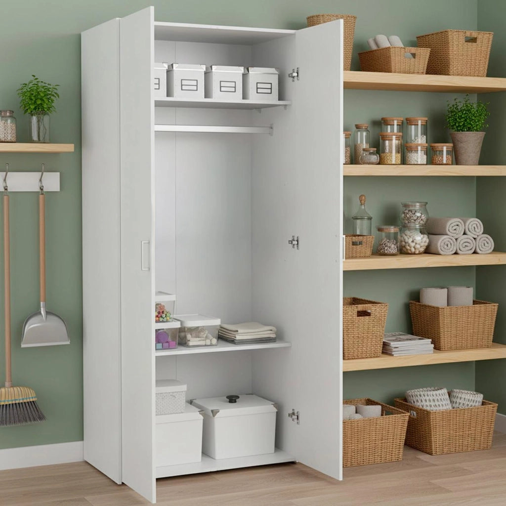 Armadietto Multiuso Con 2 Ante Battenti Mobile Salvaspazio Design Moderno Con Vano Barra Appendiabiti E Ripiani Per Camera Da Letto Ingresso Lavanderia 77.6 X 49.52 X 175.4 Cm Bianco