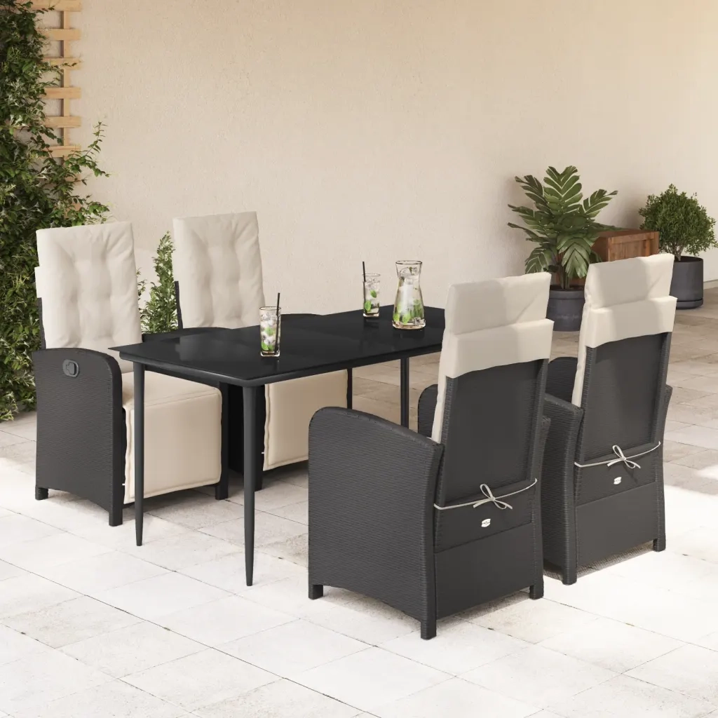 Set da Pranzo da Giardino 5 pz Nero con Cuscini in Polyrattan