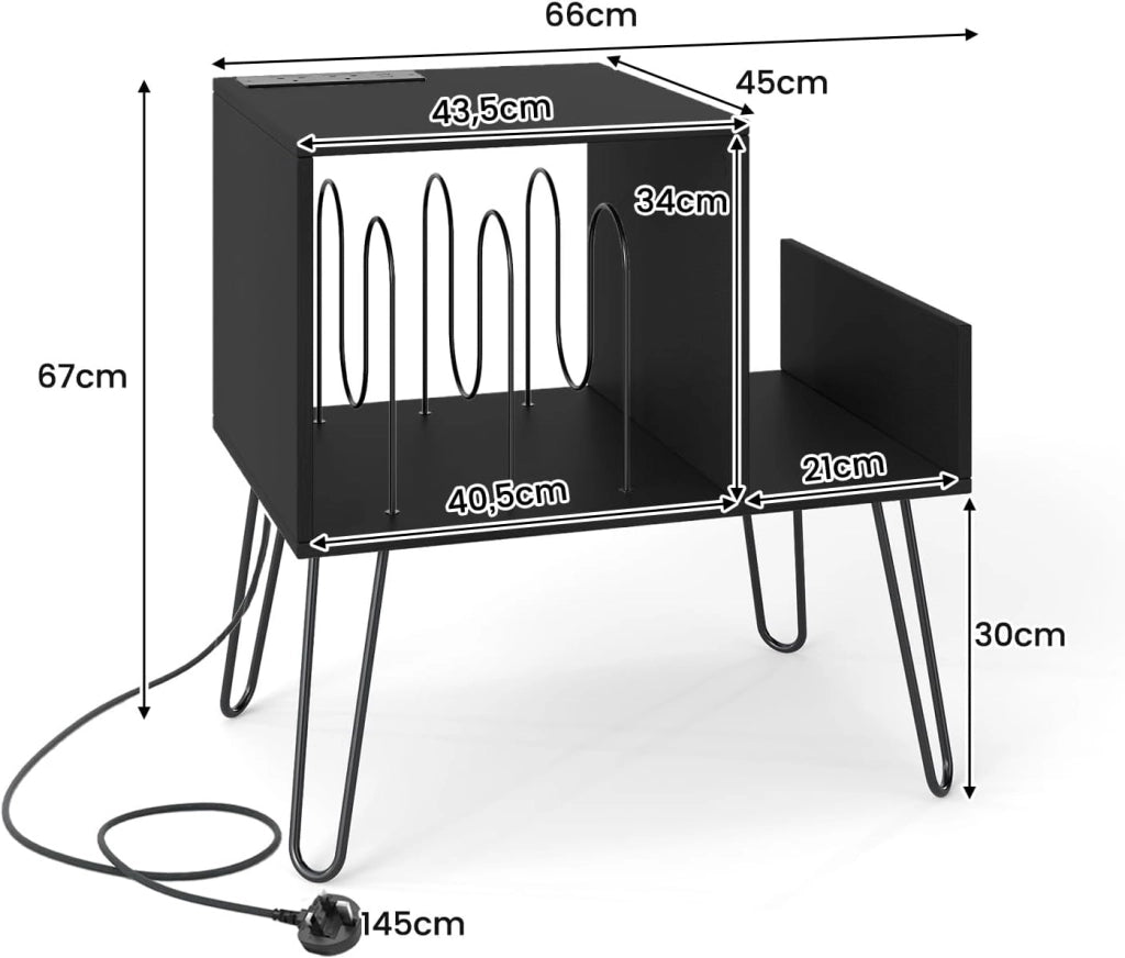 Supporto per Giradischi con Stazione di Ricarica, Porta Dischi Vinile Vintege con Pareti Divisorie e Ripiano Laterale, Espositore per Dischi in Vinile Fino a 145 Album, 66x45x67cm (Nero)