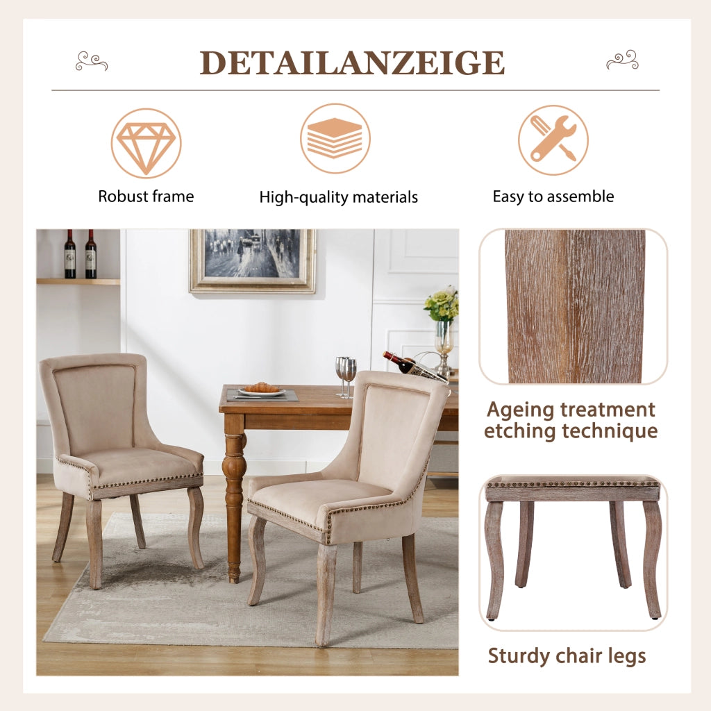 Sedia da pranzo imbottita, schienale curvo e borchie, gambe in legno, in velluto beige