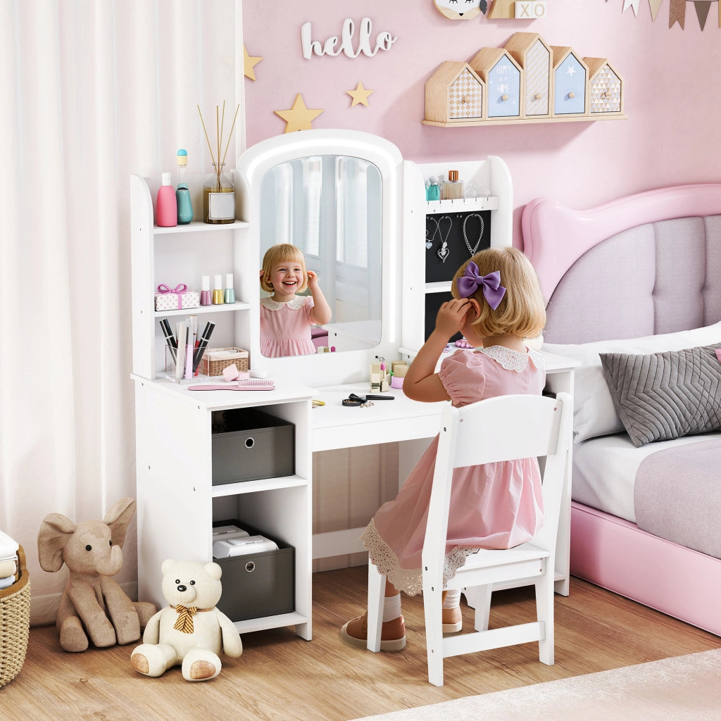 Tavolo da trucco bambini con sgabello e specchio LED ¨C zephmum ¨C 104x40x112 bianco