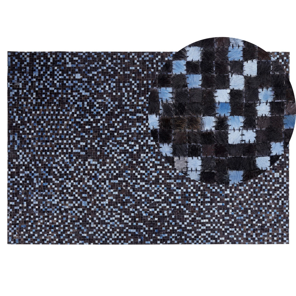 Tappeto tappetino Marrone e Blu in Vera Pelle di Vacchetta Rettangolare 140 x 200 cm Patchwork Boho Decor