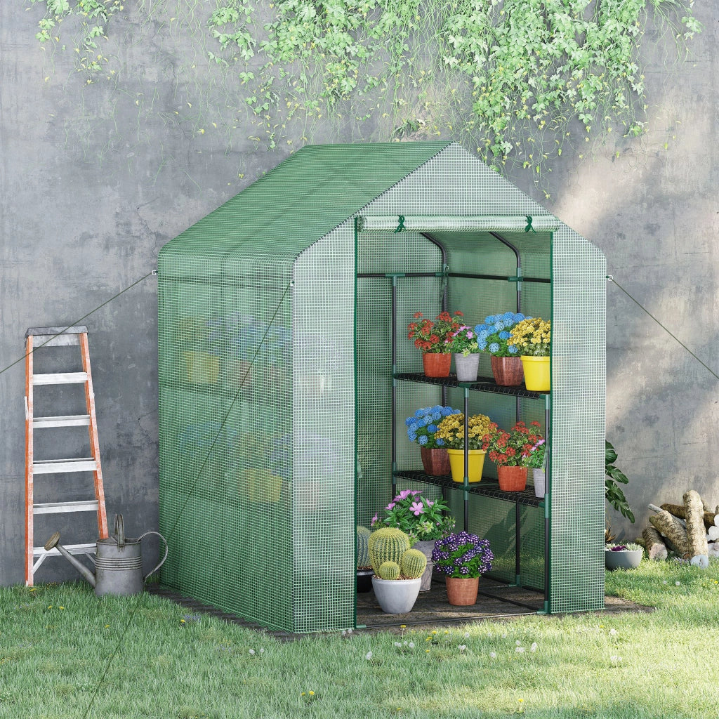 Serra da Giardino con Scaffali, Copertura in PE e Porta Avvolgibile, 143x138x190 cm, Verde
