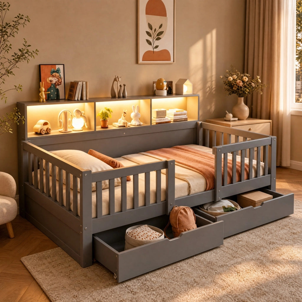 Letto per bambini 90x200 cm con sponda di sicurezza; 2 cassetti; mensole e LED; grigio