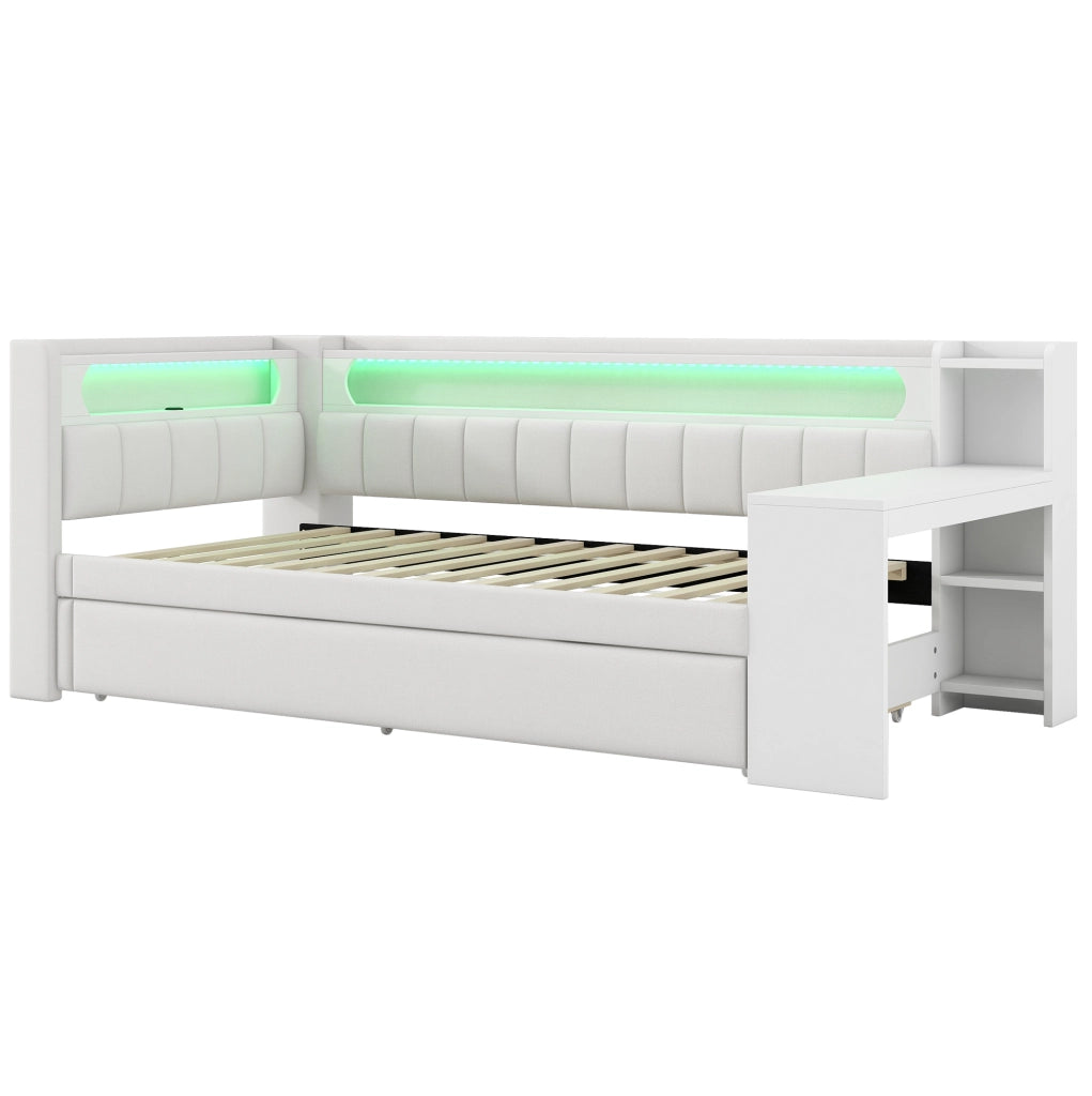 Letto da giorno imbottito 90x200 cm con letto estraibile; LED; USB e scrivania; bianco