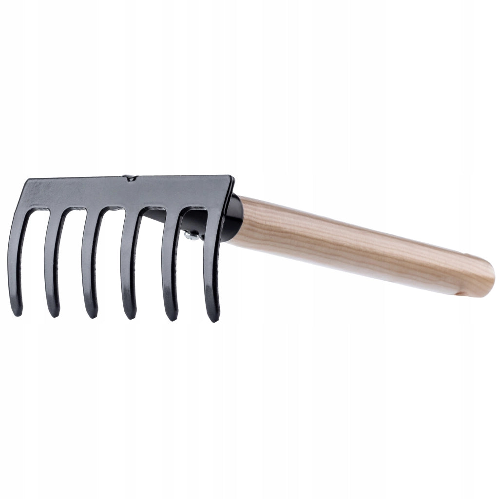 Rastrello da giardino in metallo KADAX, piccolo, 33 cm, 6 denti, manico in legno massello