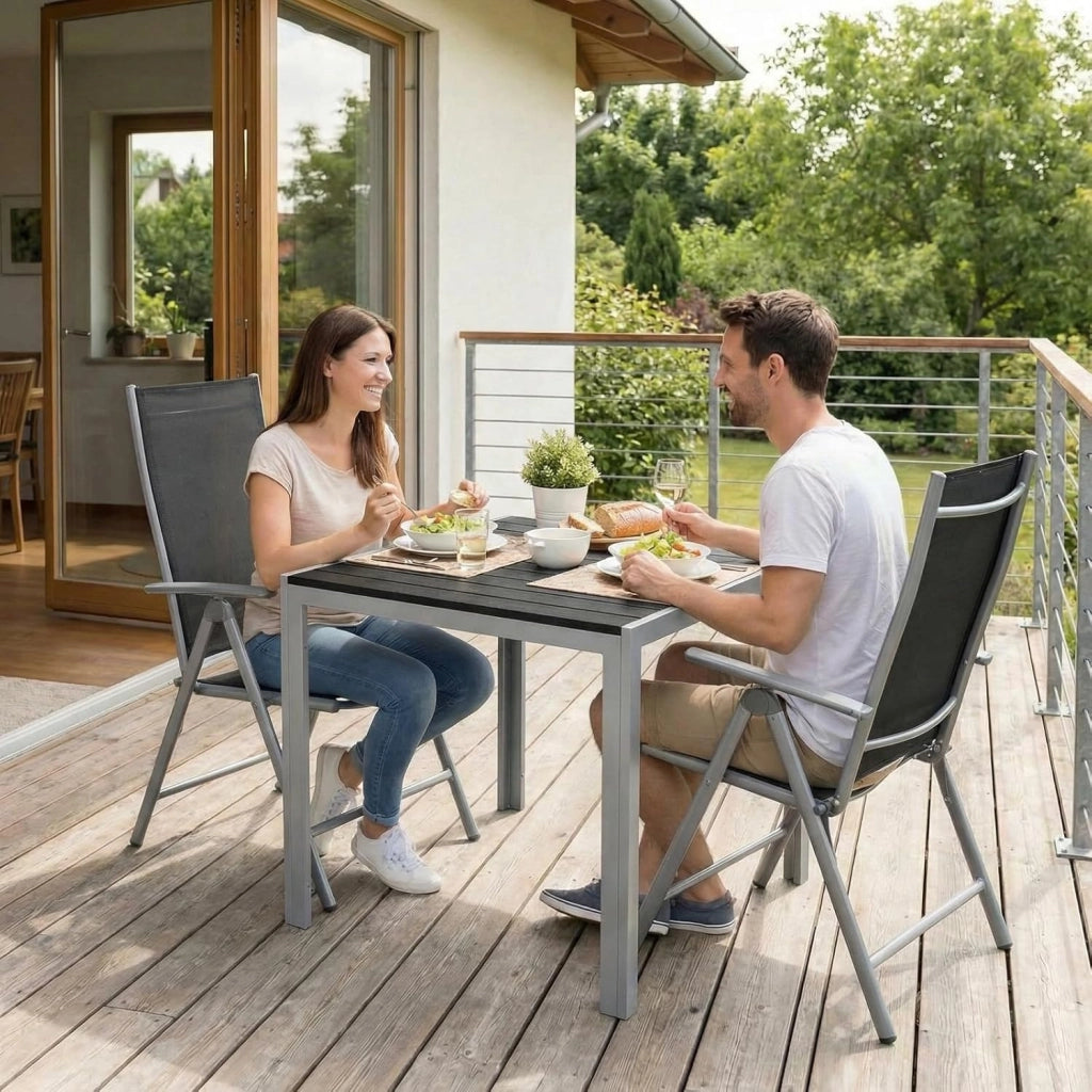 Set Giardino Esterno 3 Pezzis, Aluminium Tavolo da Giardino con Sedie, Tavolo e Sedie da Balcone, 2 Sedie Pieghevoli e Tavolino 75x75 cm, Salottino da Giardino Esterno 2 Posti, Grigio argento
