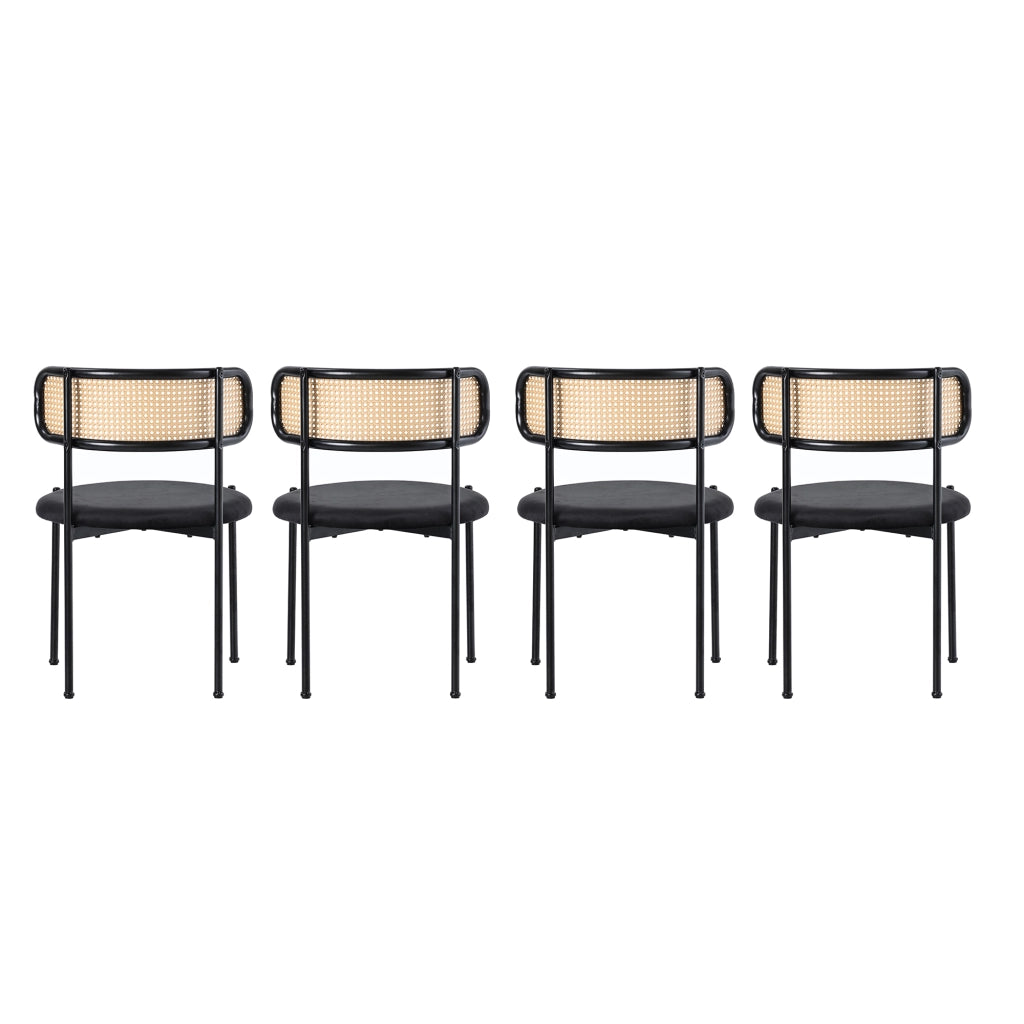 Sedia da pranzo 4 pezzi con schienale in rattan curvato e gambe in metallo in velluto Nero