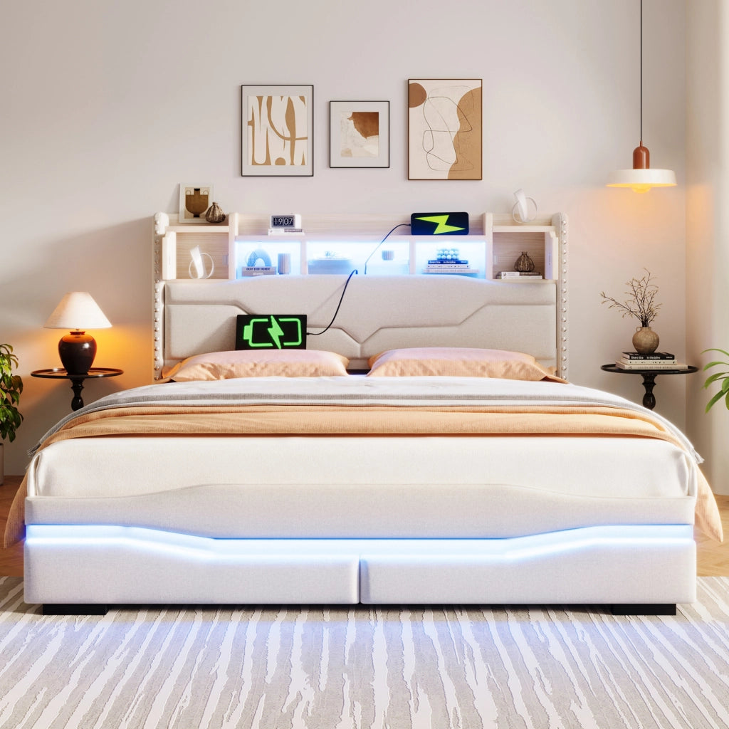 Letto imbottito 160x200 cm beige con vano idraulico e LED